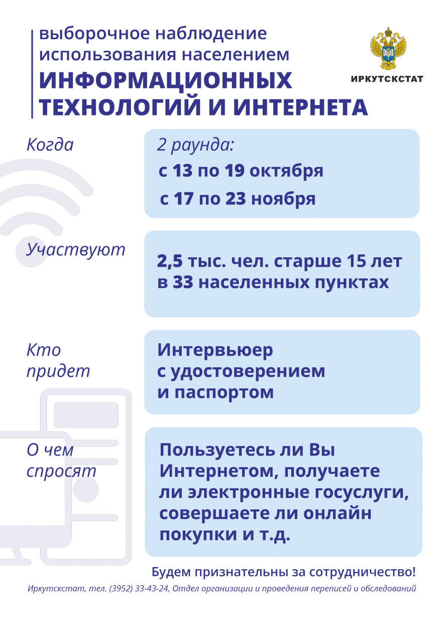 ИРКУТСКСТАТ ПРОВОДИТ ОПРОС НАСЕЛЕНИЯ ОБ ИСПОЛЬЗОВАНИИ ЦИФРОВЫХ ТЕХНОЛОГИЙ